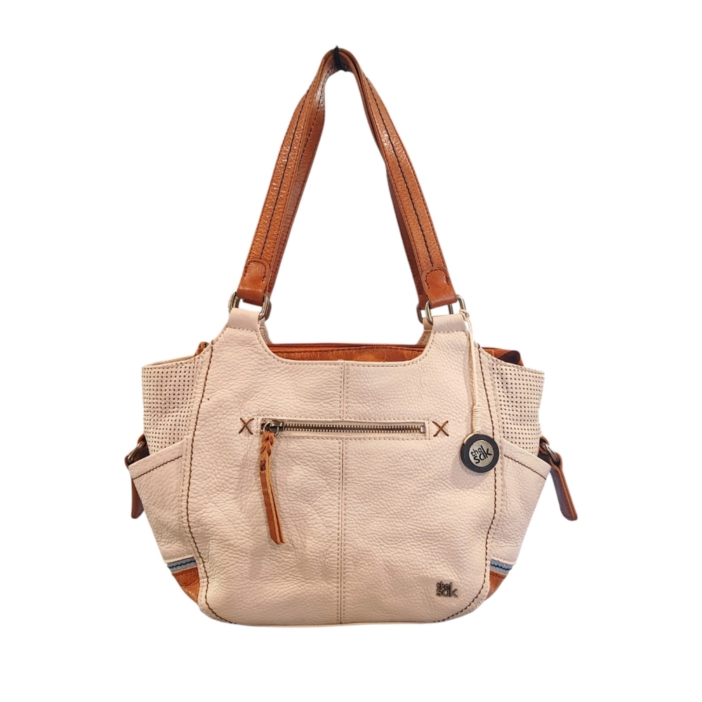 The Sak Cream & Brown Leather Satchel Bohemian Tote Organizer Handbag Purse Bag